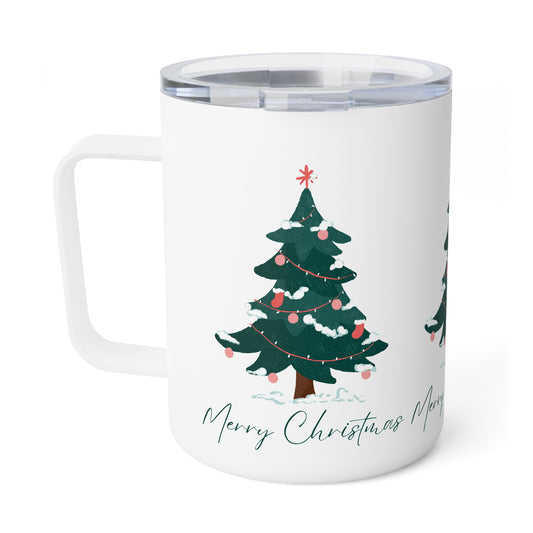 10oz Insulated Travel Mug – Christmas Tree Design with “Merry Christmas” – Holiday Gift for Adventurers & Coffee Lovers