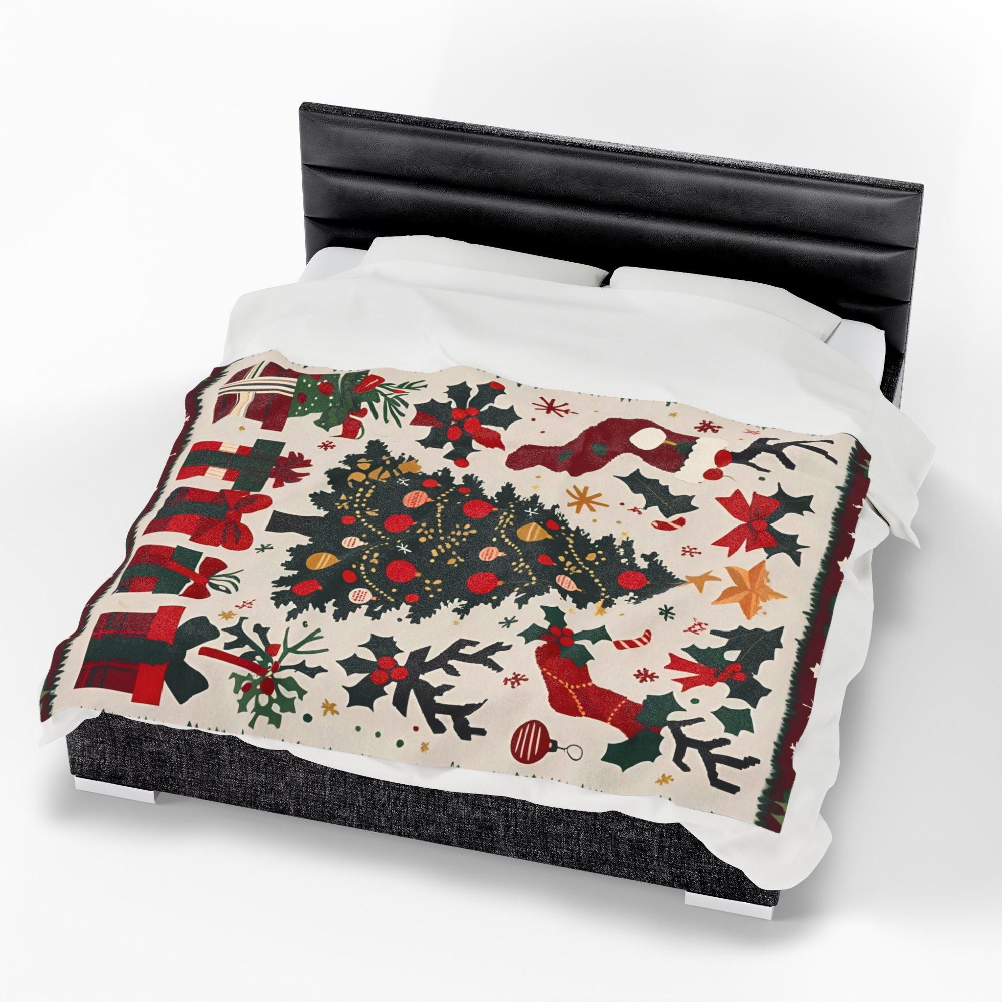 Christmas Tree Velveteen Plush Blanket – Holiday Stockings, Gifts & Holly Print Throw