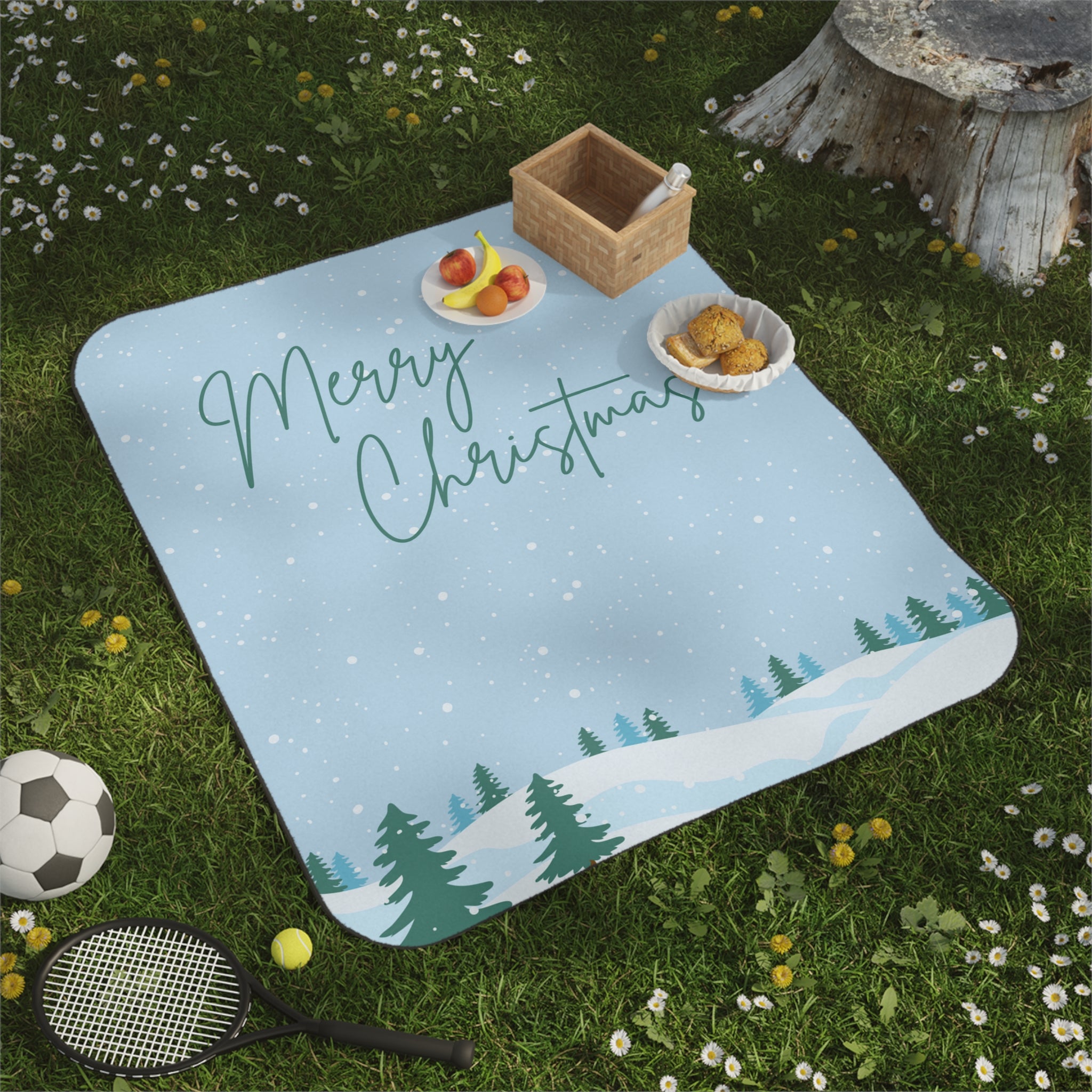 Merry Christmas with Trees Printed Picnic Blanket