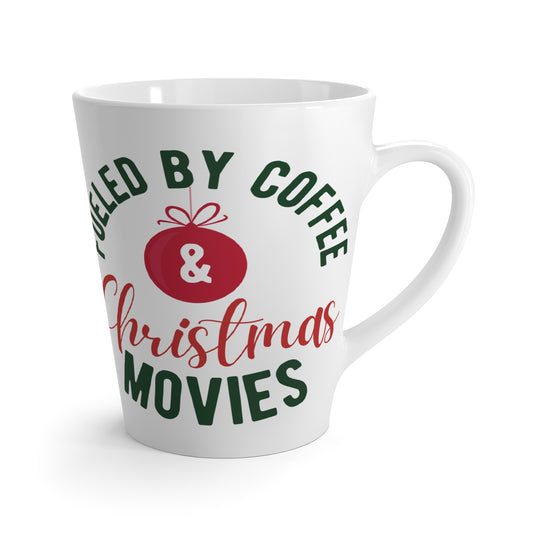 12oz Ceramic Latte Mug with “Fueled by Coffee & Christmas Movies” Design – Holiday Gift for Latte Lovers
