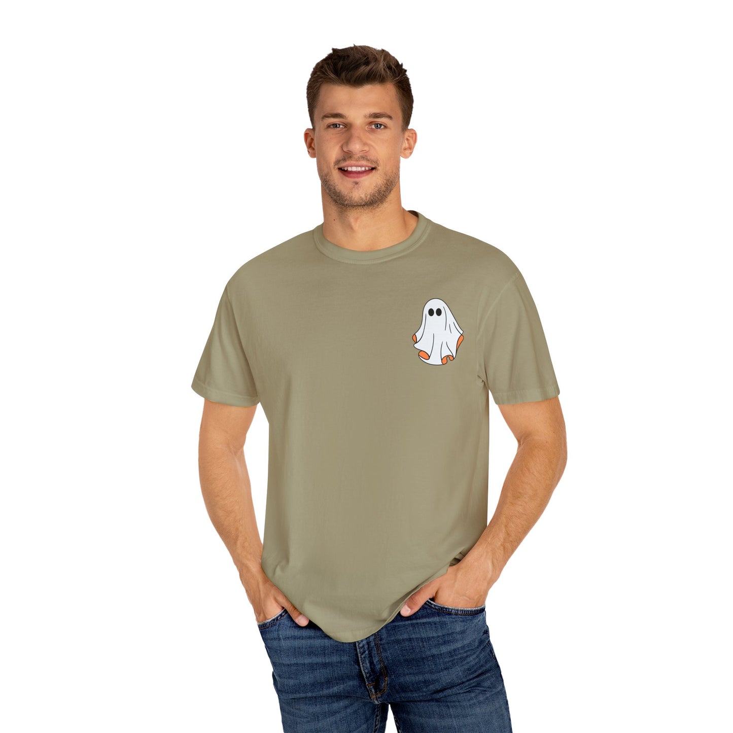 Minimal Ghost Halloween T-Shirt – Cute Pocket Graphic Tee for Spooky Season