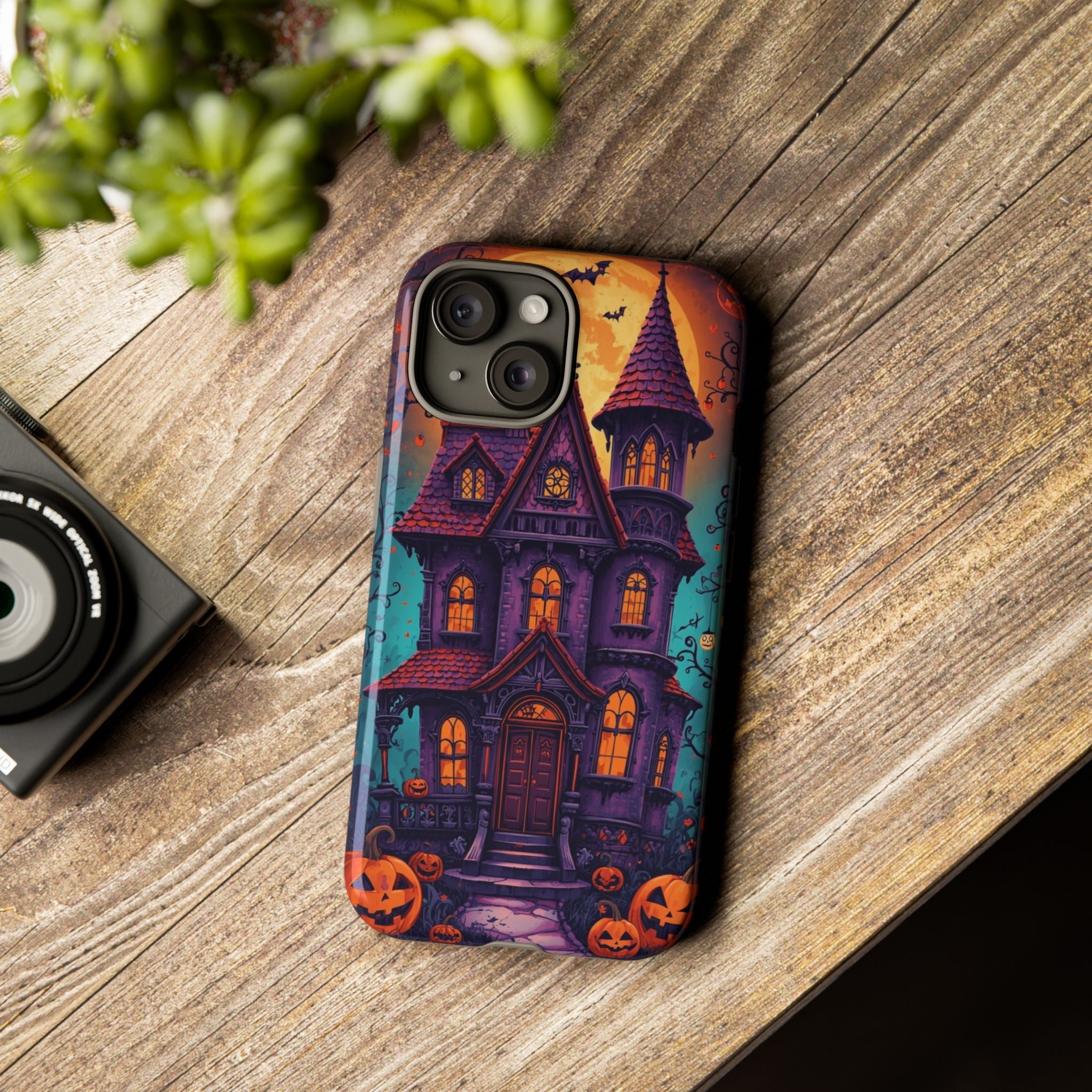Halloween Phone Case with Haunted House, Bats, and Orange Moon