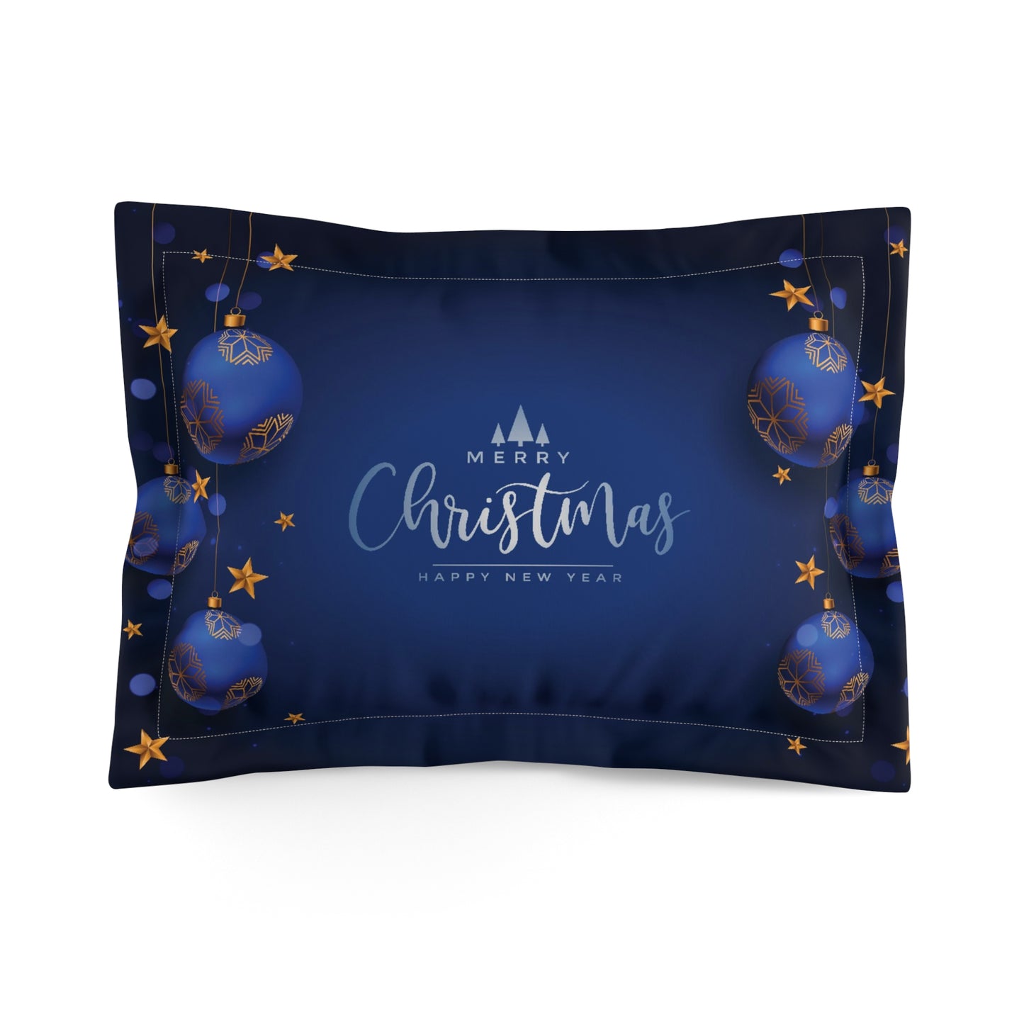 Christmas Pillow Sham – Dark Blue with Gold Ornaments & Festive Text – Elegant Holiday Bedroom Décor