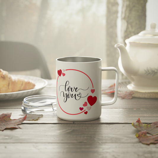 10oz Stainless Steel Travel Mug with “Love You” Heart Design, Romantic Gift for Valentine’s Day or Anniversary