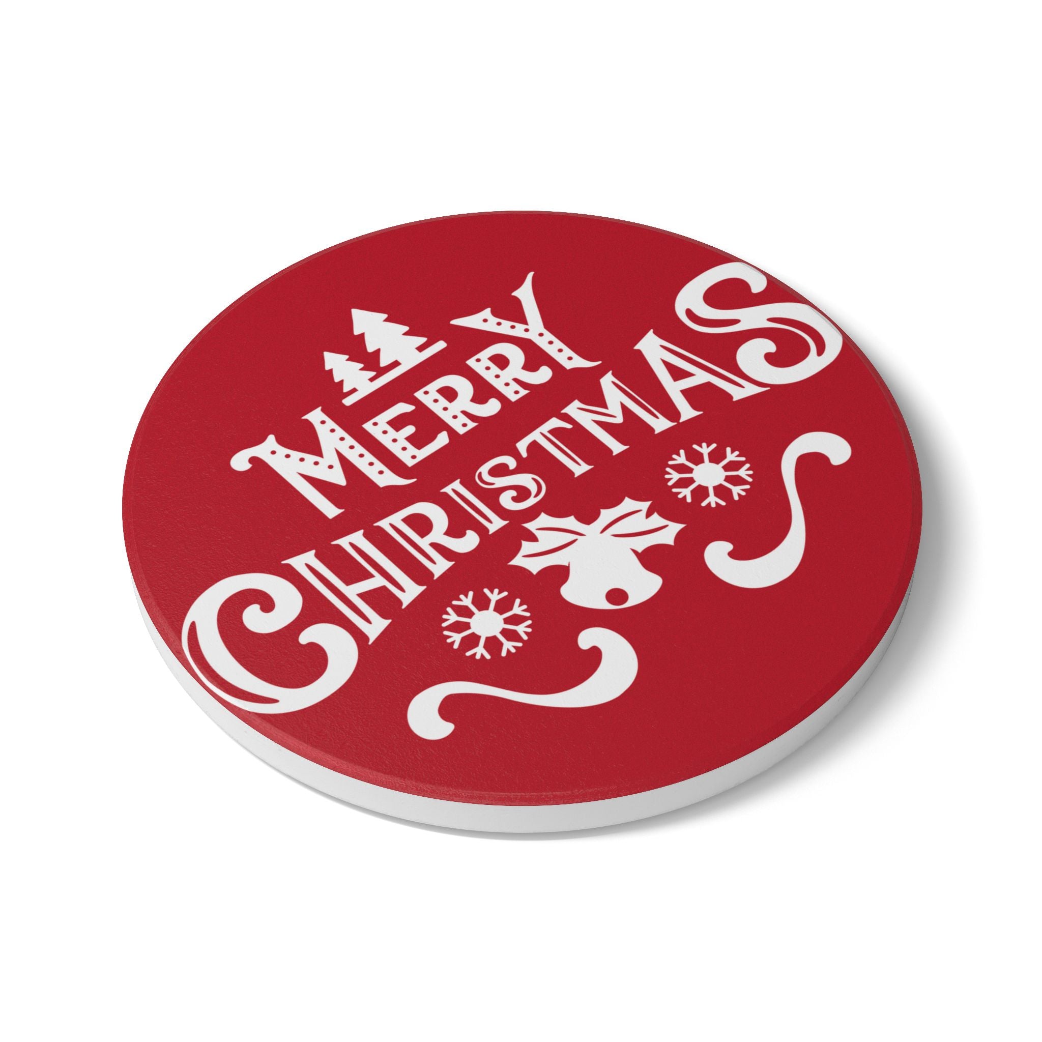 Cheerful Christmas Ceramic Coaster with Pine Tree and Snowflake Design