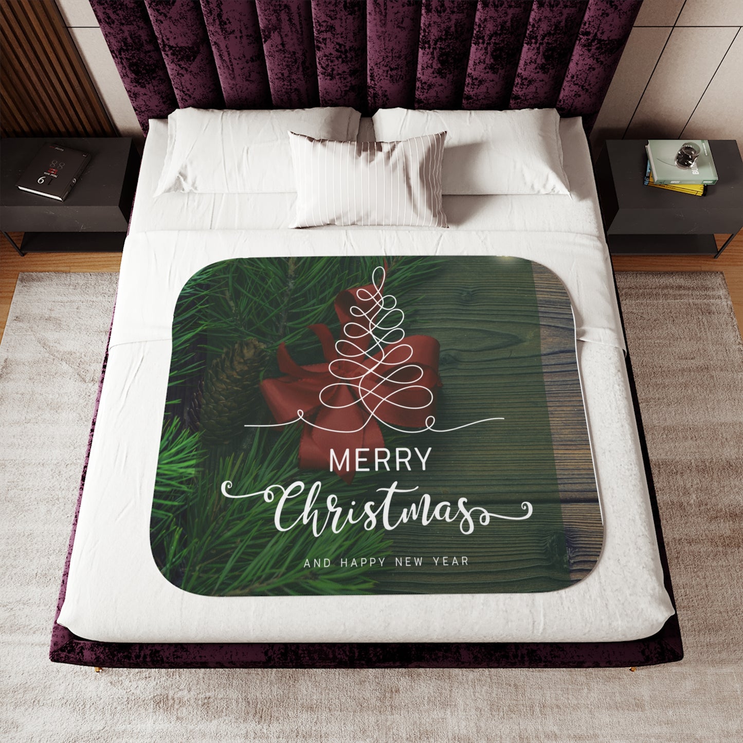 Merry Christmas and Happy New Year Printed Sherpa Blanket, Green