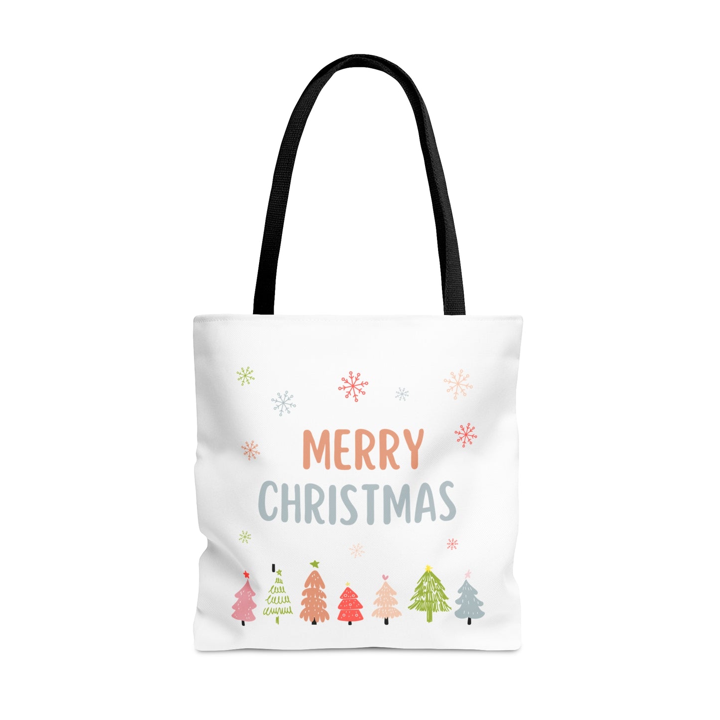 Tote Bag – “MERRY CHRISTMAS” Text with Snowflakes & Colorful Tree Row – Holiday Gift for Seasonal Shoppers