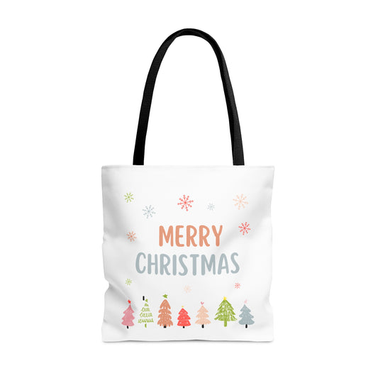 Tote Bag – “MERRY CHRISTMAS” Text with Snowflakes & Colorful Tree Row – Holiday Gift for Seasonal Shoppers