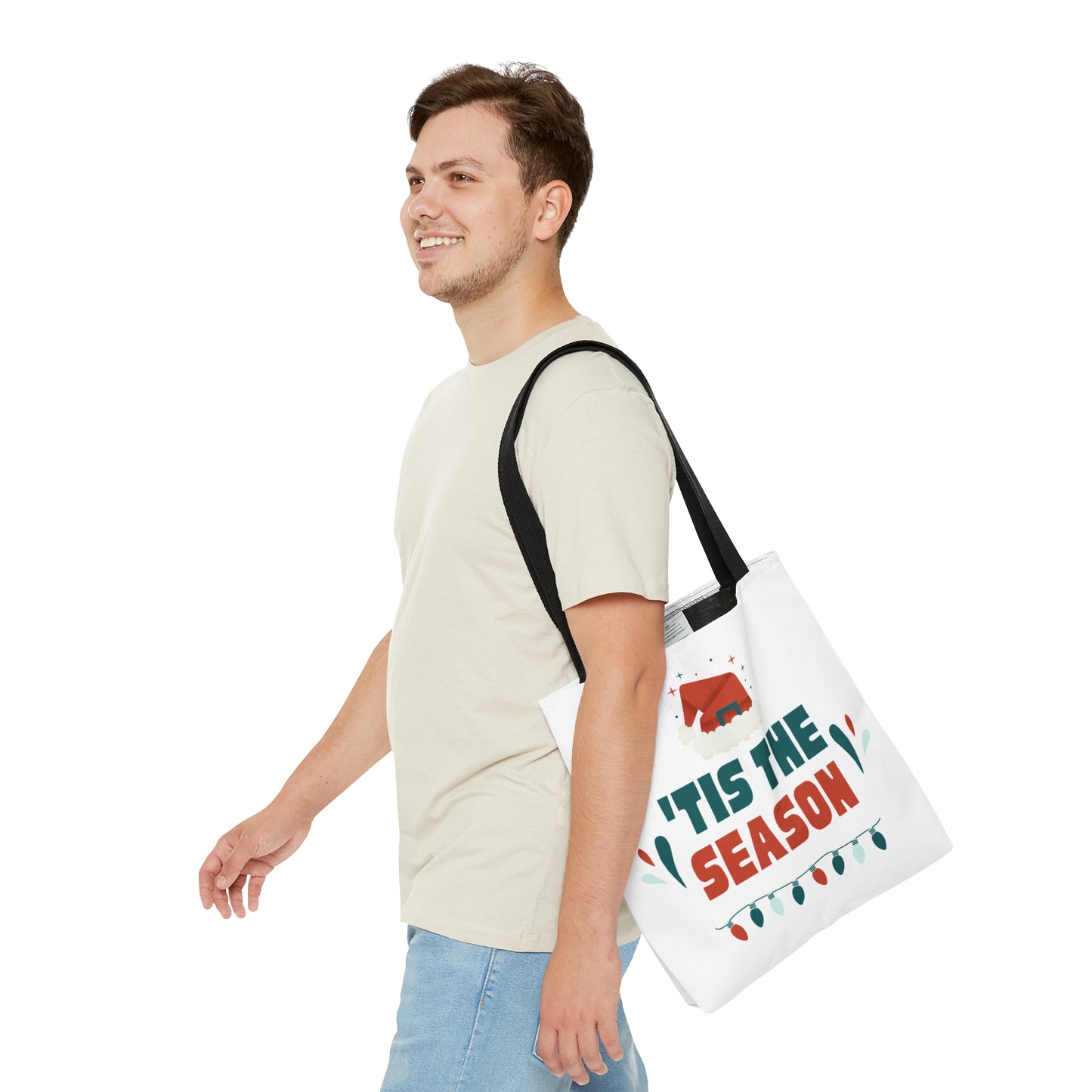 Christmas Tote Bag with “‘TIS THE SEASON” Santa Hat Design – Durable All-Over Print Holiday Carryall in 3 Sizes