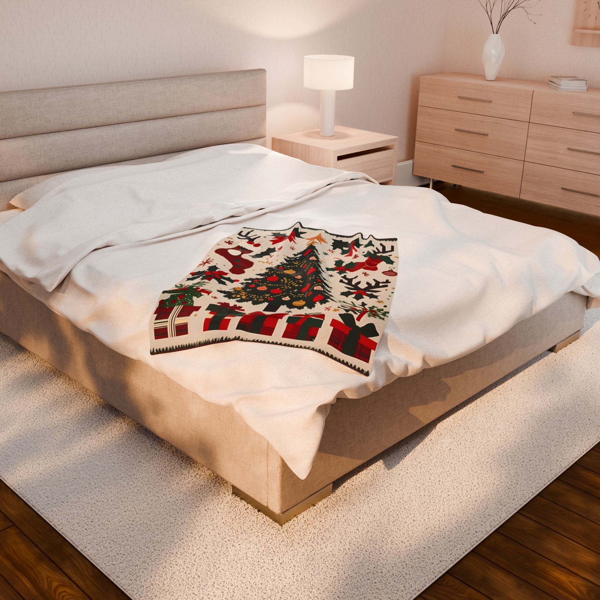Christmas Tree Velveteen Plush Blanket – Holiday Stockings, Gifts & Holly Print Throw