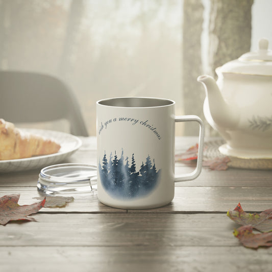 10oz Insulated Travel Mug – “Wish You a Merry Christmas” with Blue Pine Tree Silhouettes, Stainless Steel
