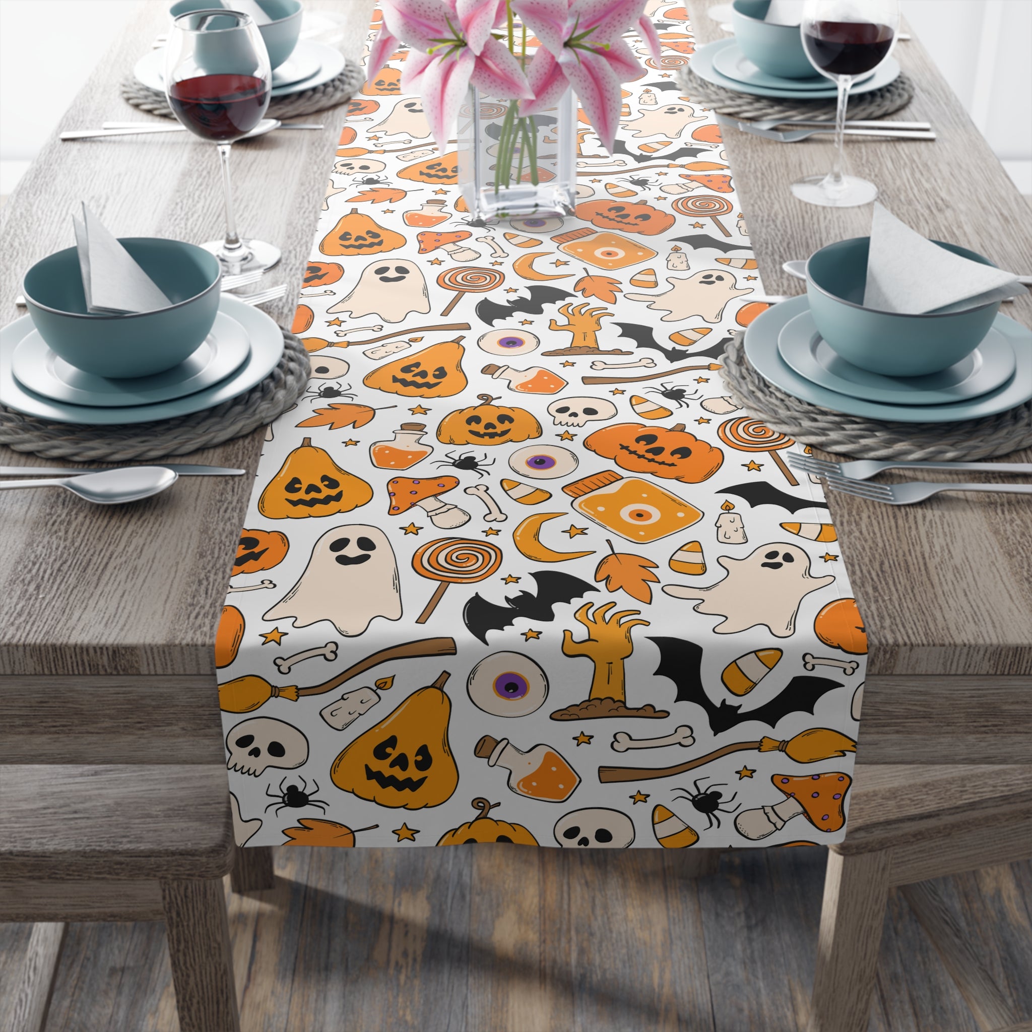 Halloween Table Runner – Halloween Icons in Orange & Black – Spooky Table Decor for Trick-or-Treat Hosting