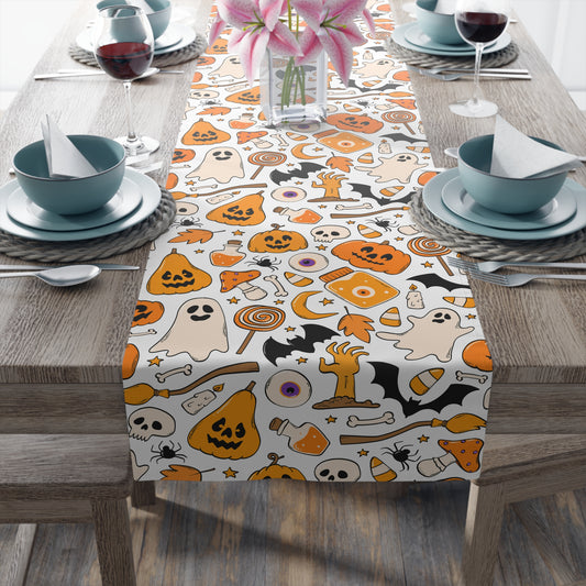 Halloween Table Runner – Halloween Icons in Orange & Black – Spooky Table Decor for Trick-or-Treat Hosting