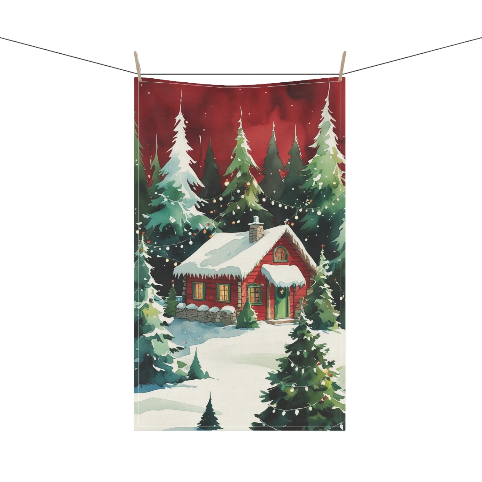 Cozy Christmas Tea Towel with Snowy Cabin and Lights Design