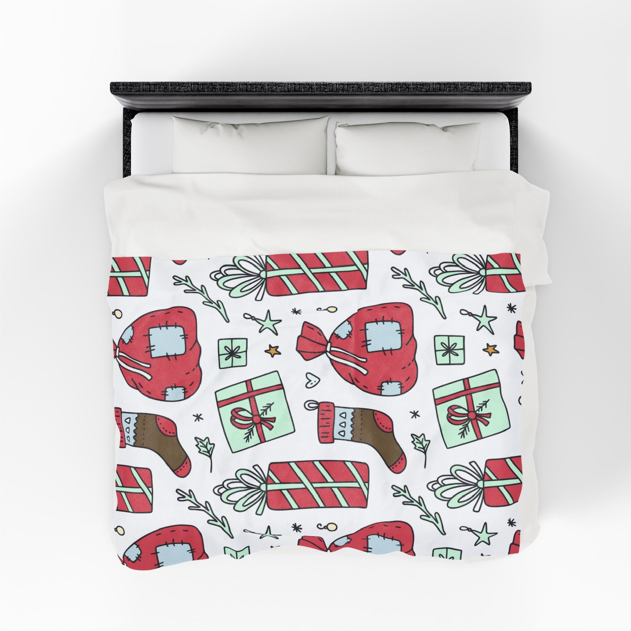 Gift Bag & Candy Cane Velveteen Plush Blanket – Festive Christmas Present Pattern