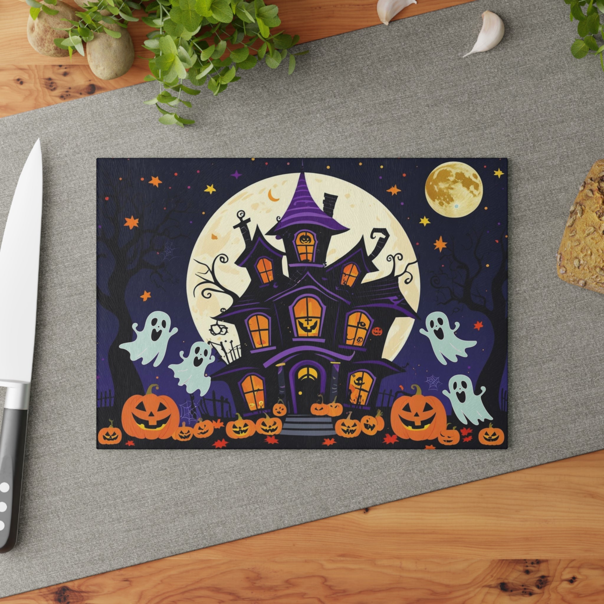 Whimsical Halloween Cutting Board with Spooky House, Ghosts, and Pumpkins