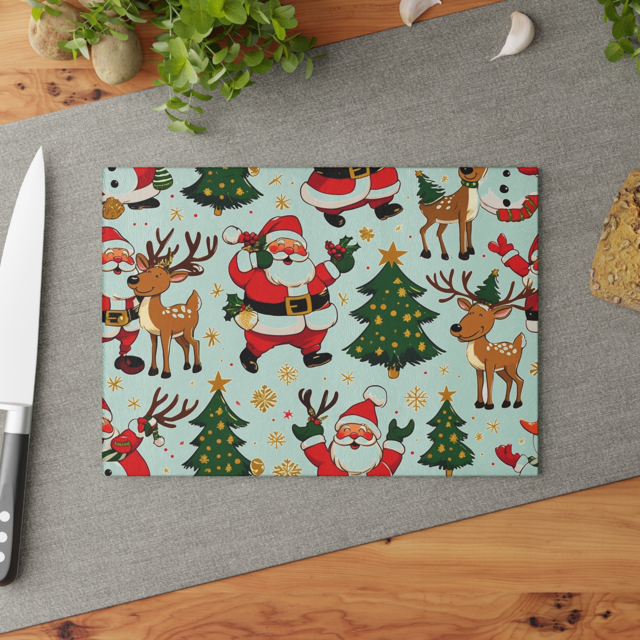Christmas Cutting Board with Santa, Reindeer, and Tree Design