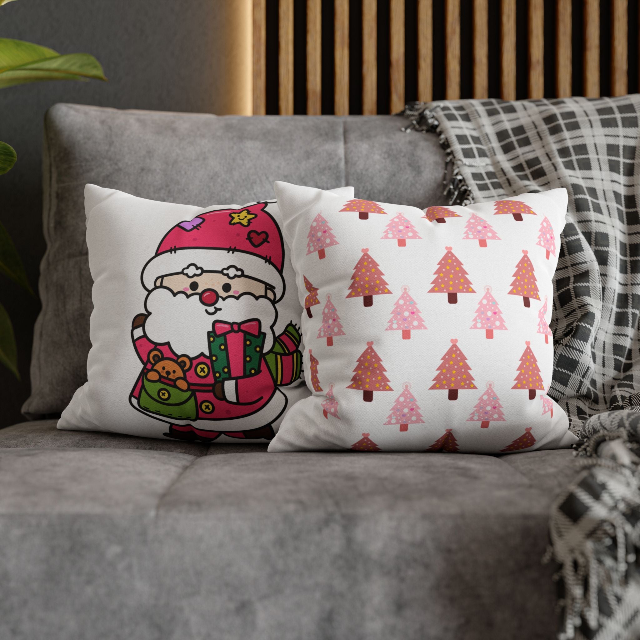 Santa Claus Pillow Cover – Double-Sided Christmas Decor with Gifts & Pink Tree Pattern
