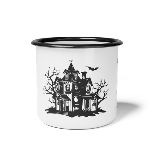 Spooky Mansion Enamel Camp Cup – Skeleton and Jack-O’-Lantern Design