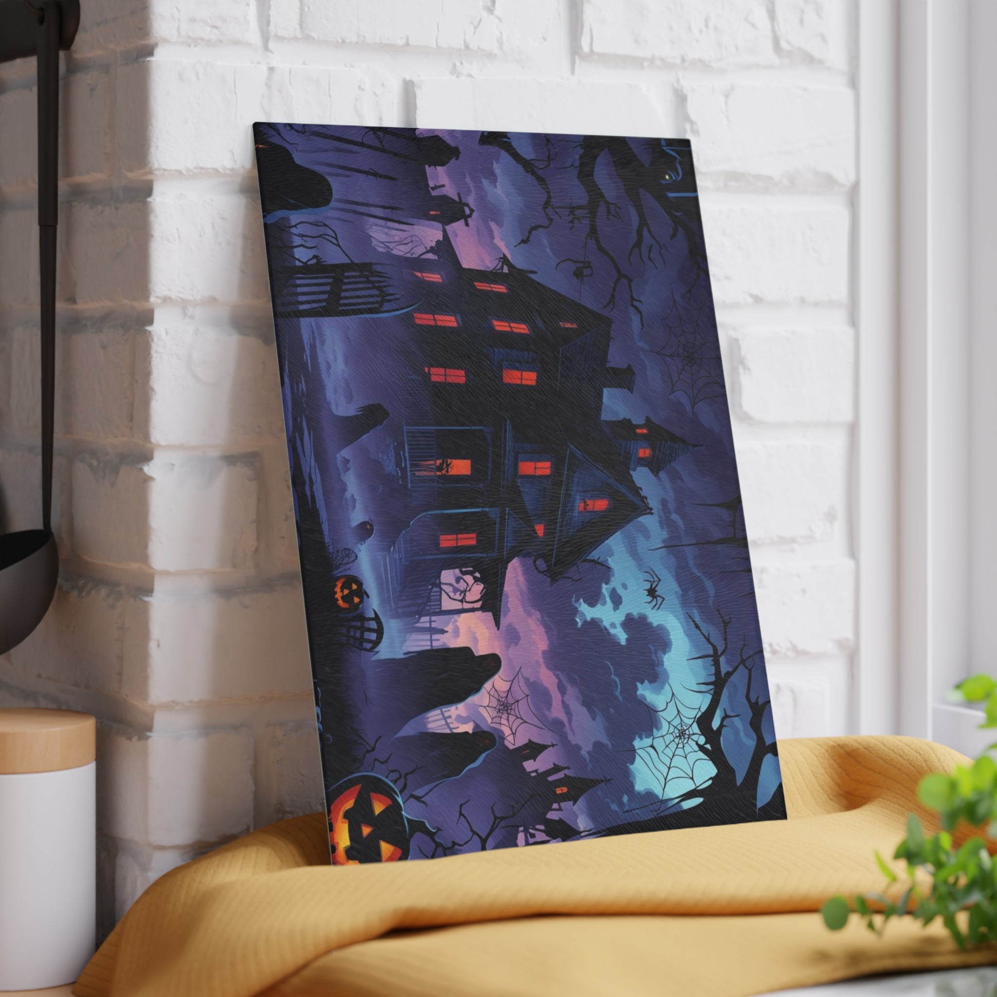 Spooky Halloween Cutting Board with Haunted House and Pumpkins