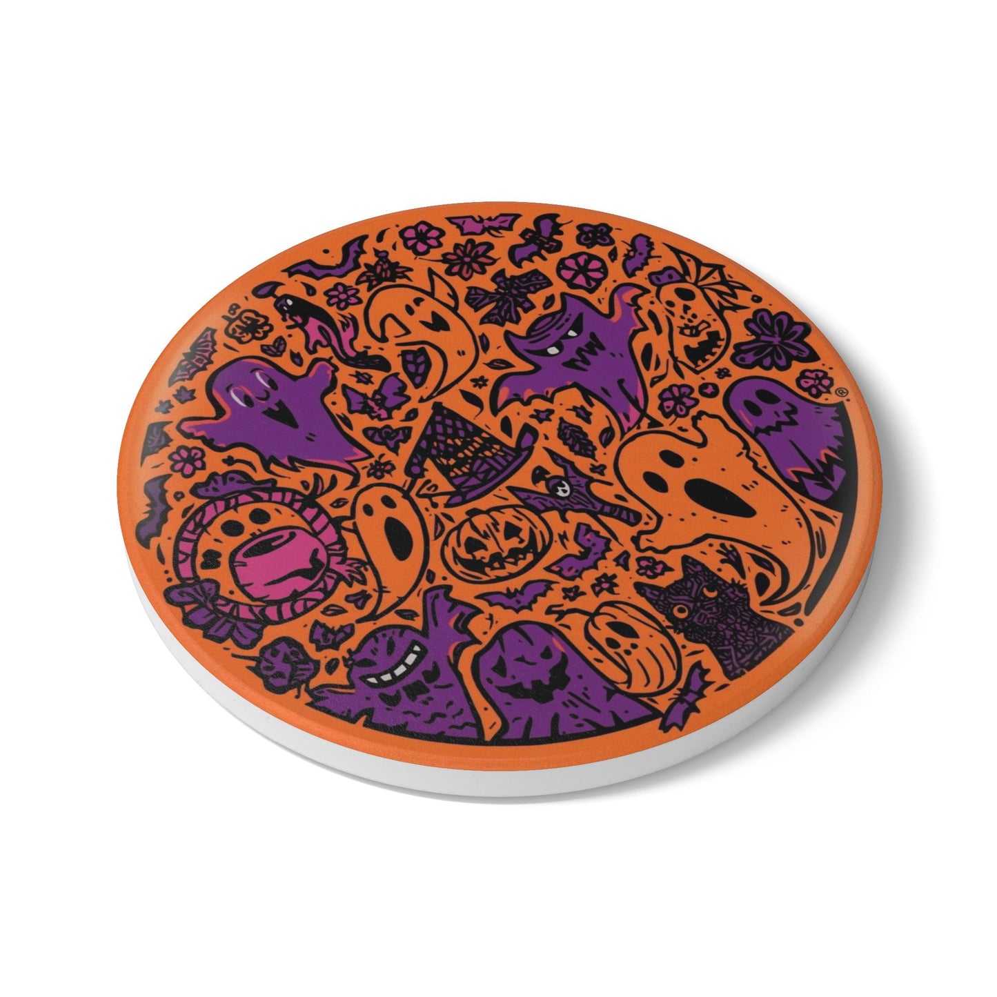 Halloween Ceramic Coaster with Pumpkins, Ghosts, Bats, and Whimsical Flowers