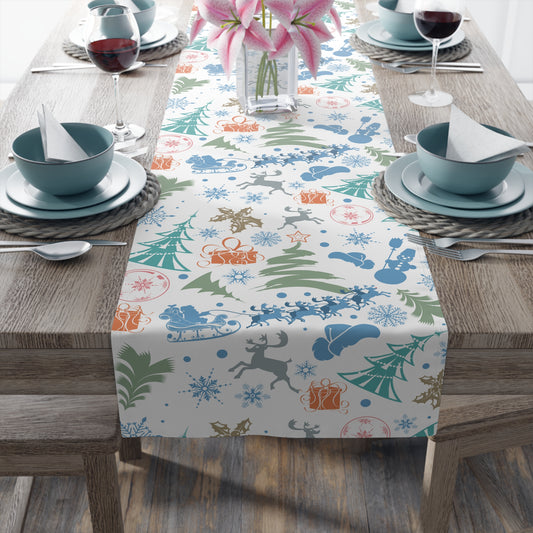 Christmas Table Runner, Whimsical Holiday Pattern with Trees Snowmen Gifts and Animals, Light Background Festive Dining Decor