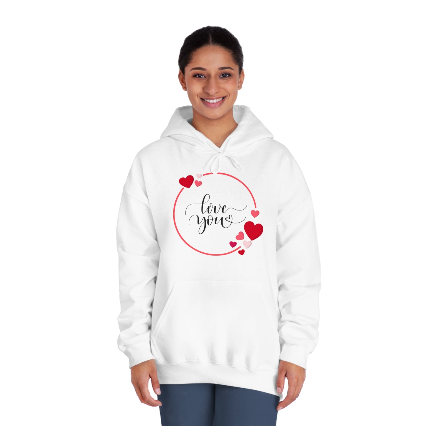 Love You with Hearts Printed Unisex DryBlend® Hooded Sweatshirt, White & Red