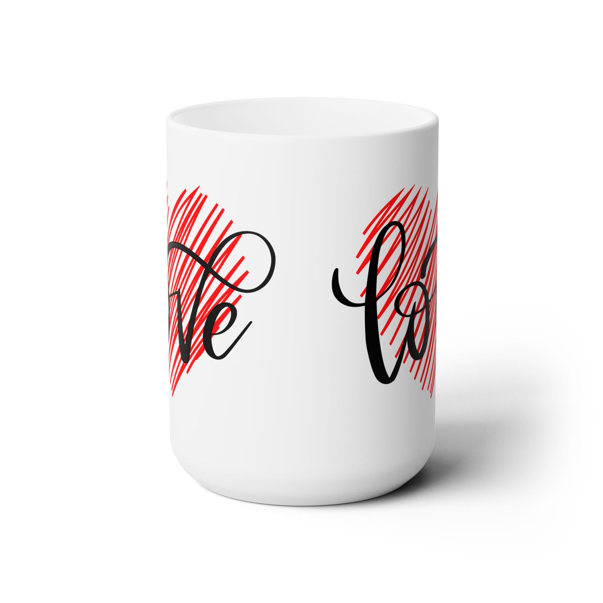 Ceramic Mug with Diagonal Heart & Love Script – Customizable White Promo Mug