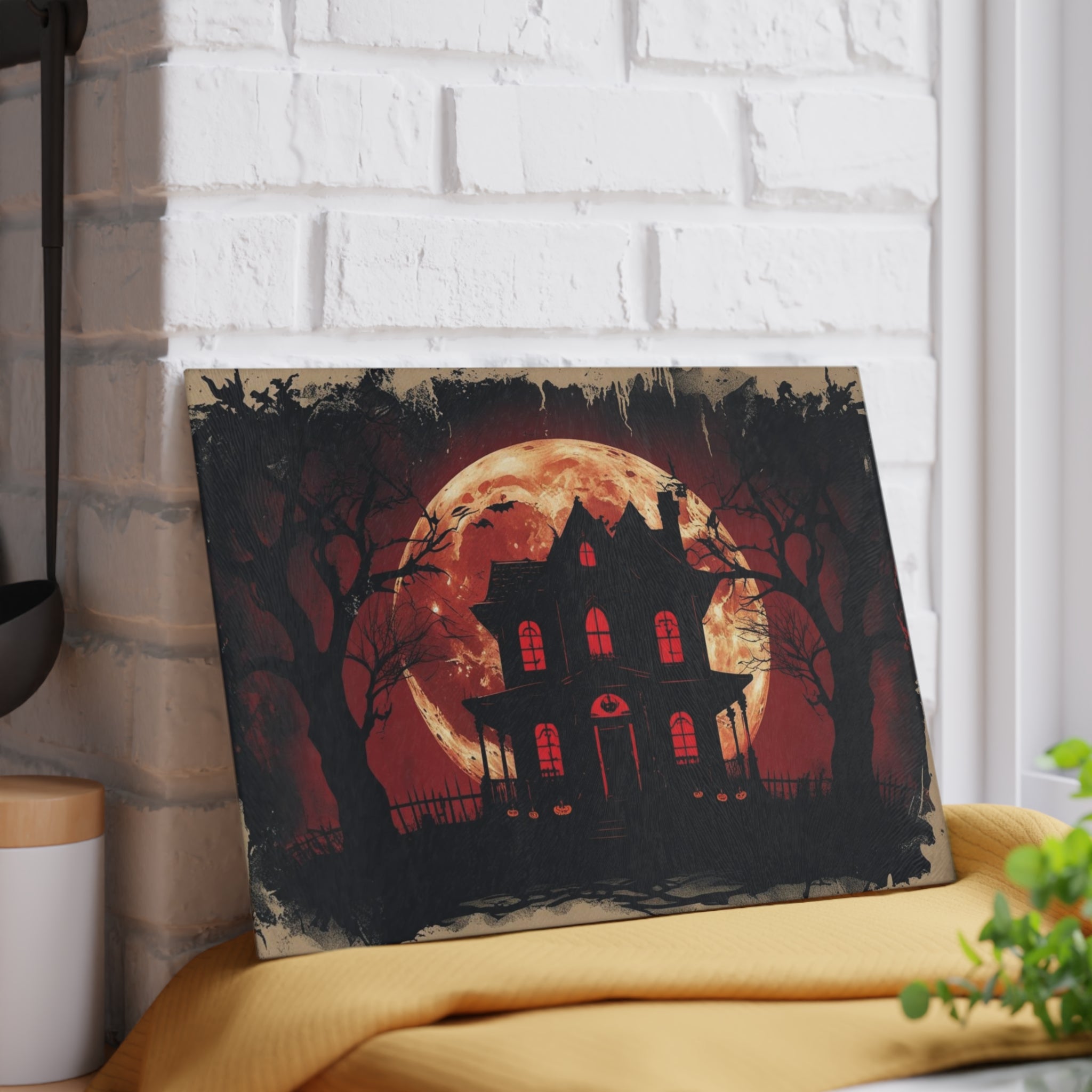 Spooky Halloween Cutting Board with Haunted House Silhouette