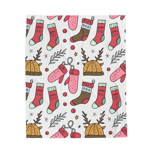 Holiday Print Velveteen Plush Blanket – Reindeer, Mittens & Stockings Design