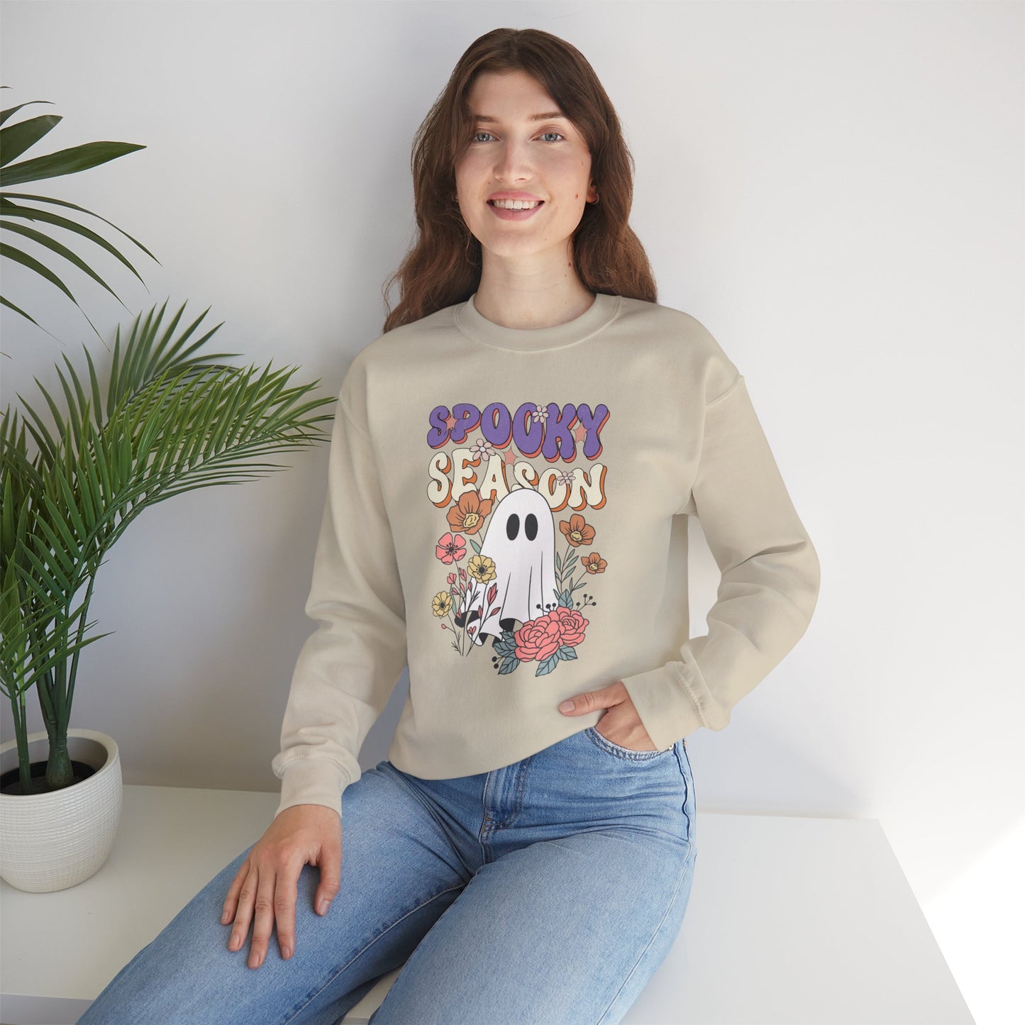 Spooky Season Floral Ghost Sweatshirt – Cozy Halloween Blooms