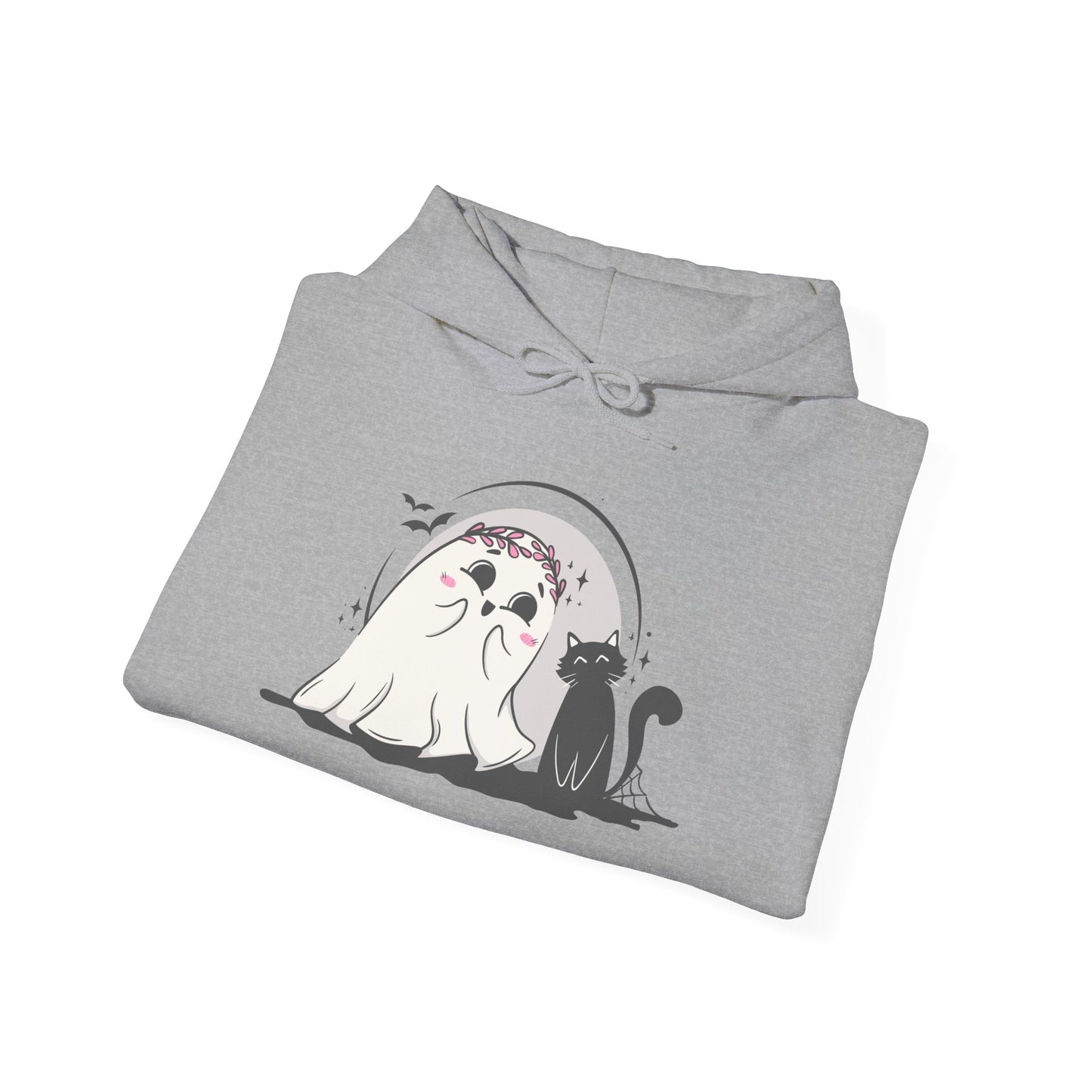 Floral Ghost & Black Cat Hoodie – Cute Halloween Companions