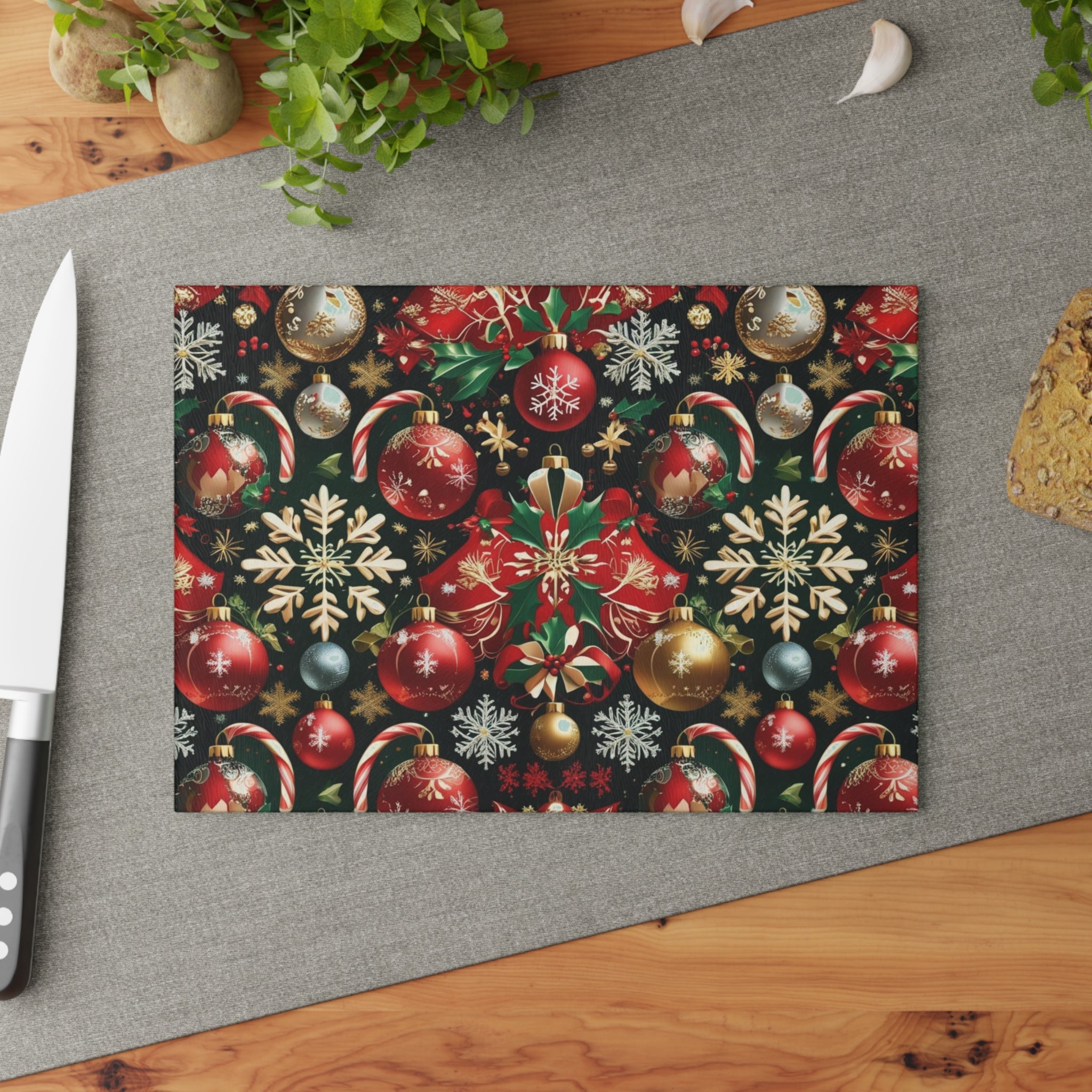 Christmas Cutting Board with Holly and Ornament Design