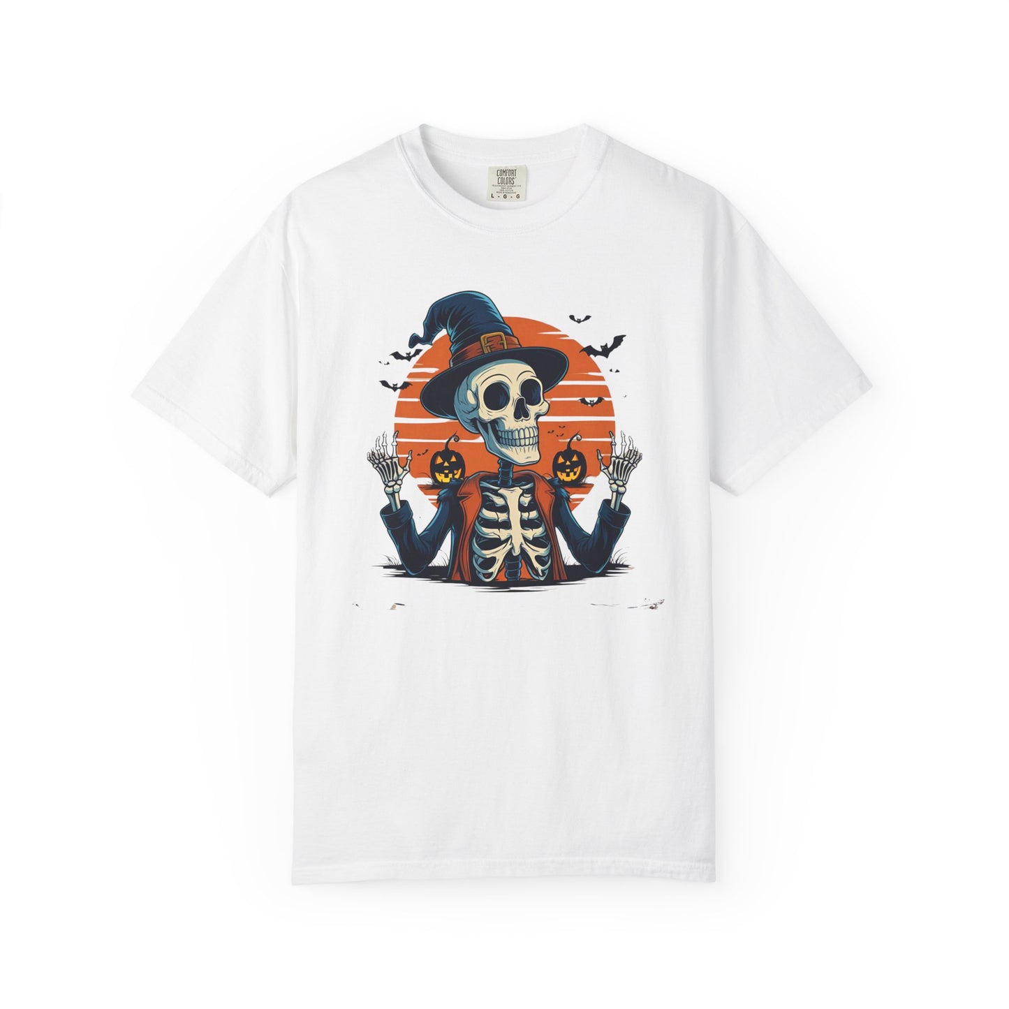 Skeleton Witch Halloween T-shirt for Adults & Teens, Funny Spooky Sunset Graphic Tee, Unisex Garment-Dyed Top, Pumpkin Hat Shirt, Halloween