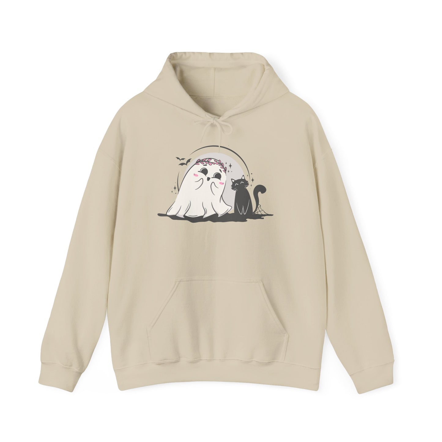 Floral Ghost & Black Cat Hoodie – Cute Halloween Companions