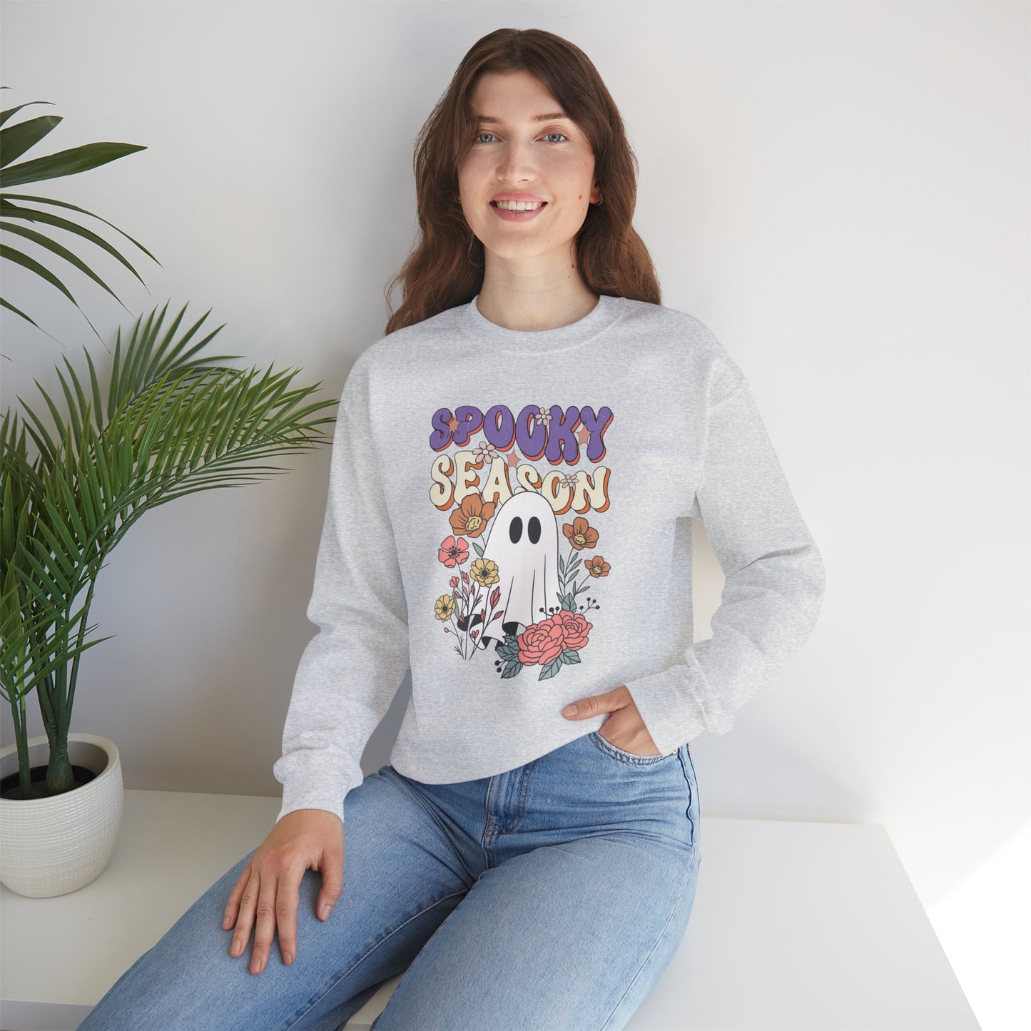 Spooky Season Floral Ghost Sweatshirt – Cozy Halloween Blooms