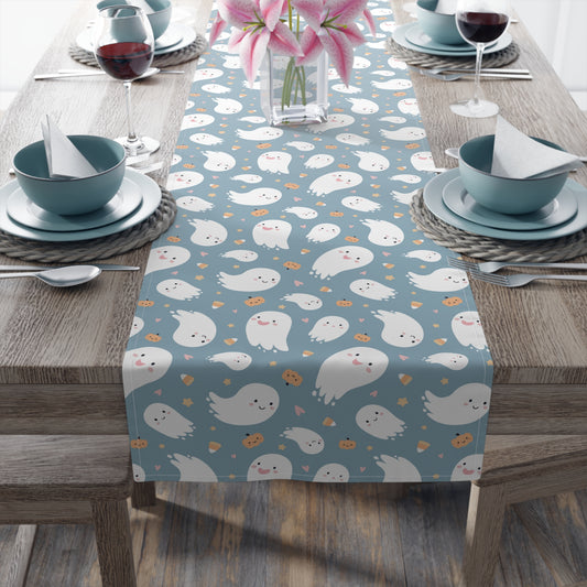 Smiling Ghost Pattern Table Runner – Whimsical Blue Halloween Decor