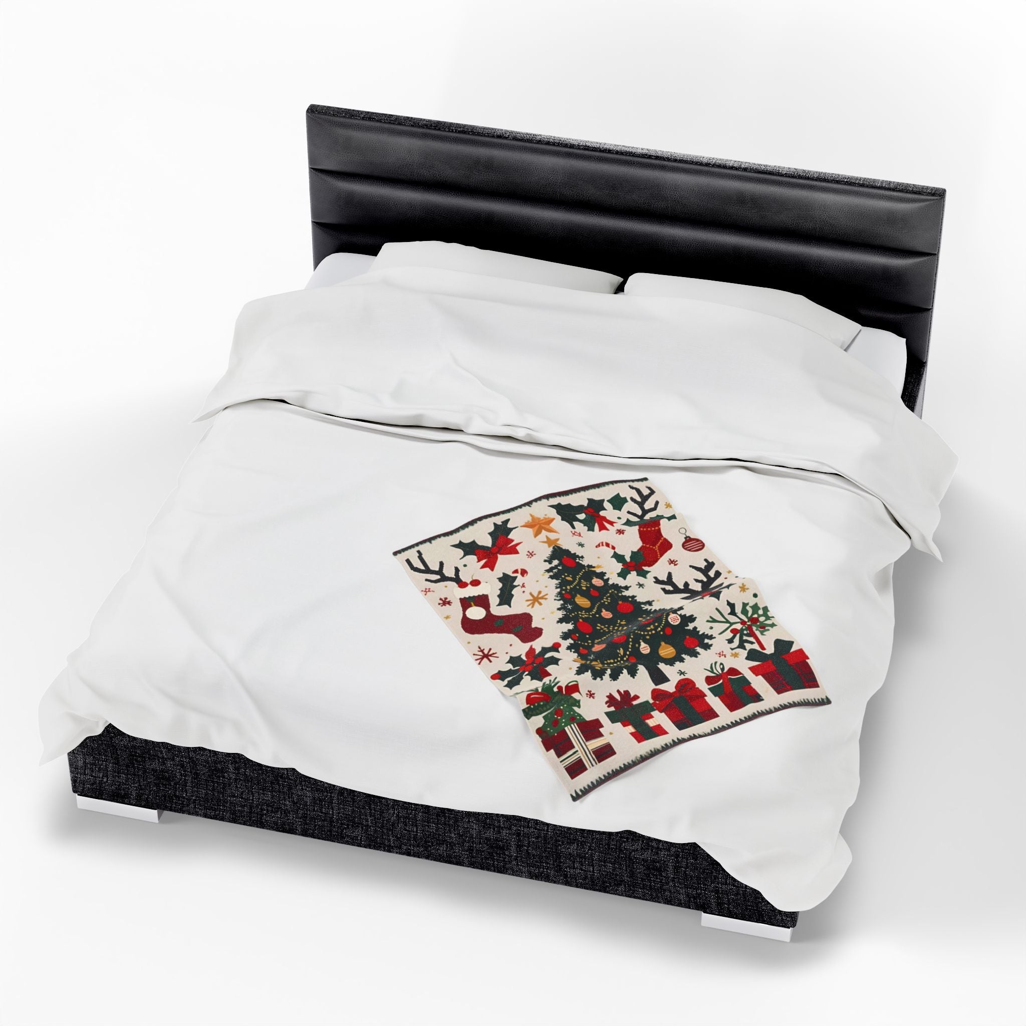 Christmas Tree Velveteen Plush Blanket – Holiday Stockings, Gifts & Holly Print Throw
