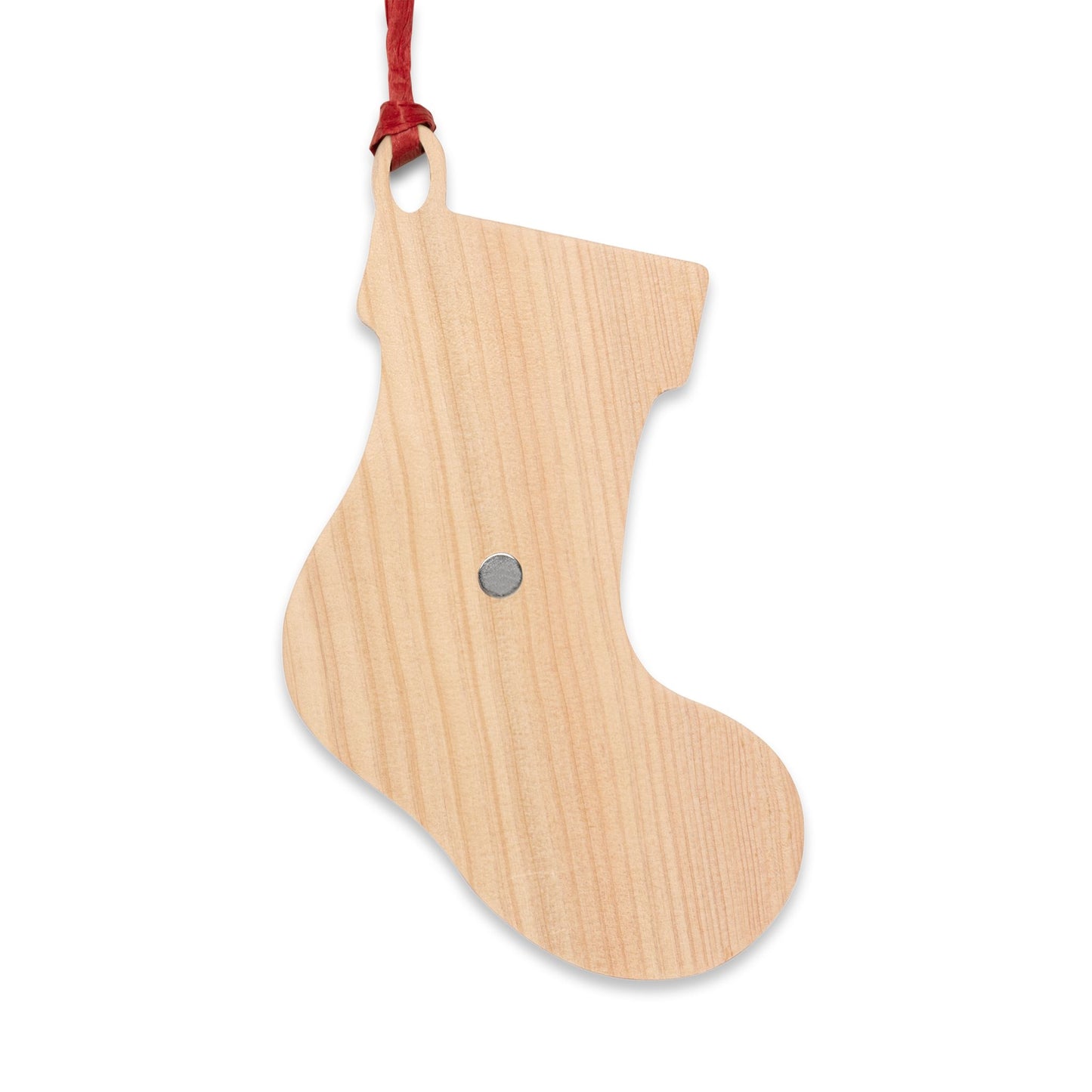 Wooden Ornament – Blue Christmas Stocking with Santa, Snowman & Penguin – Magnetic Holiday Decor with Ribbon