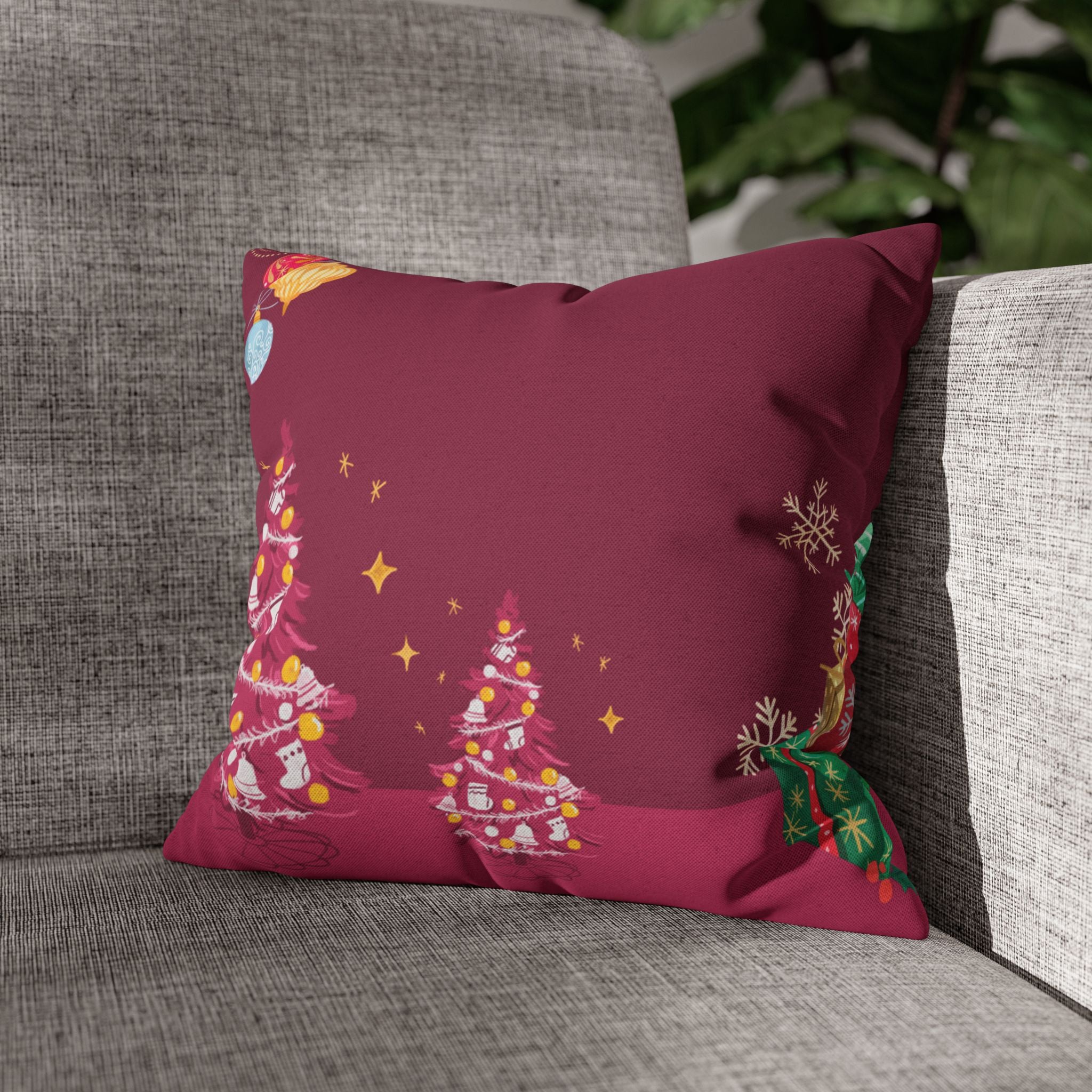 Merry Christmas Pillow Cover – Double-Sided Maroon with Gold Trees & Stars