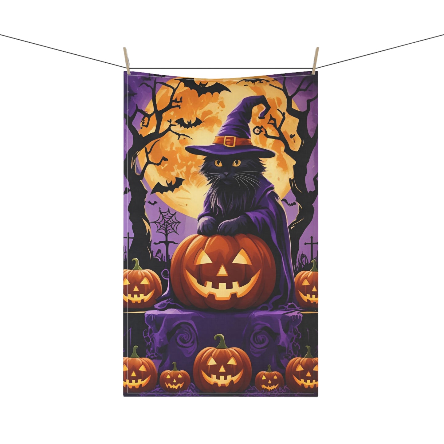 Black Cat Halloween Tea Towel – Witch Hat, Pumpkins, and Full Moon Design