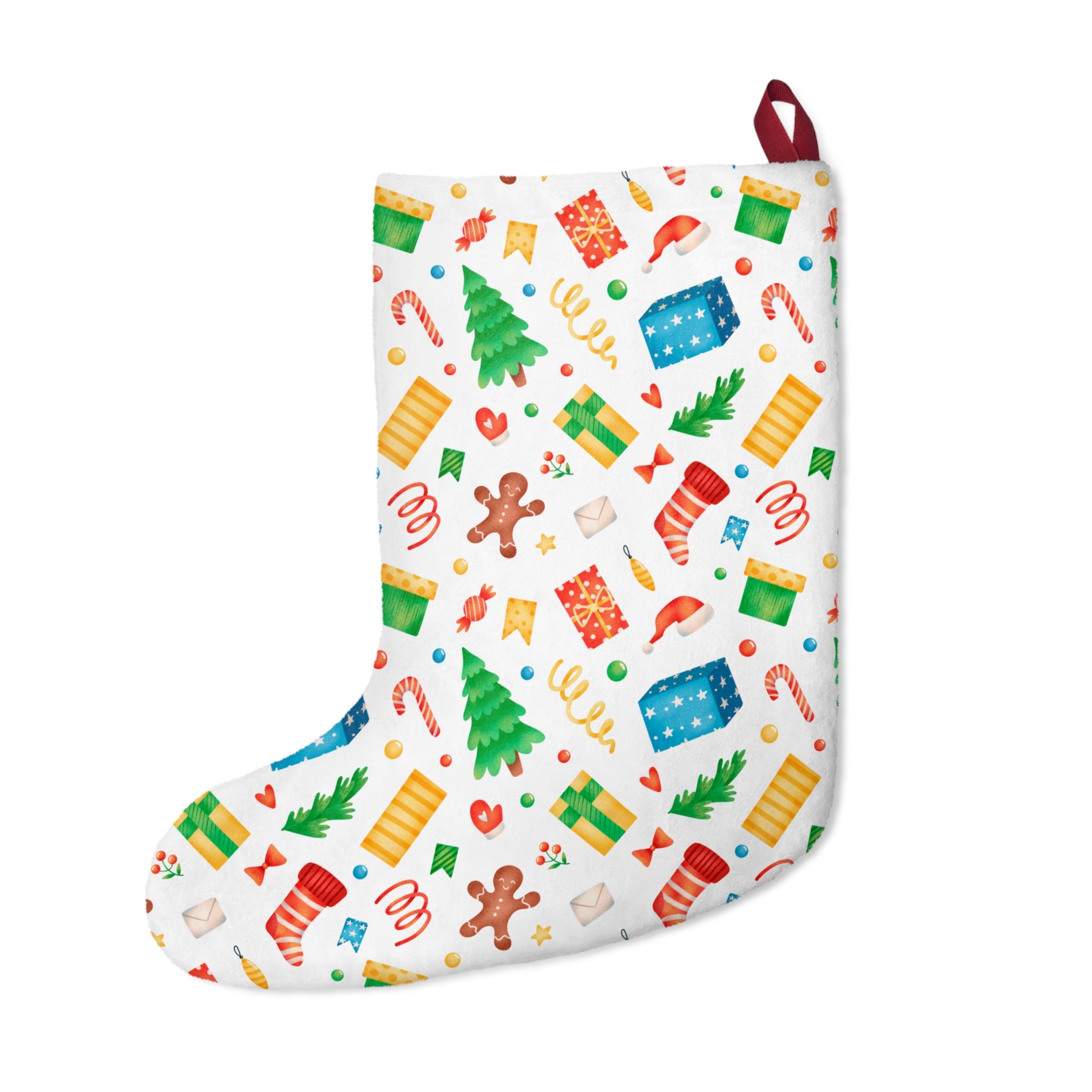 Christmas Stocking – White Base with Gingerbread, Candy Canes & Holiday Icons