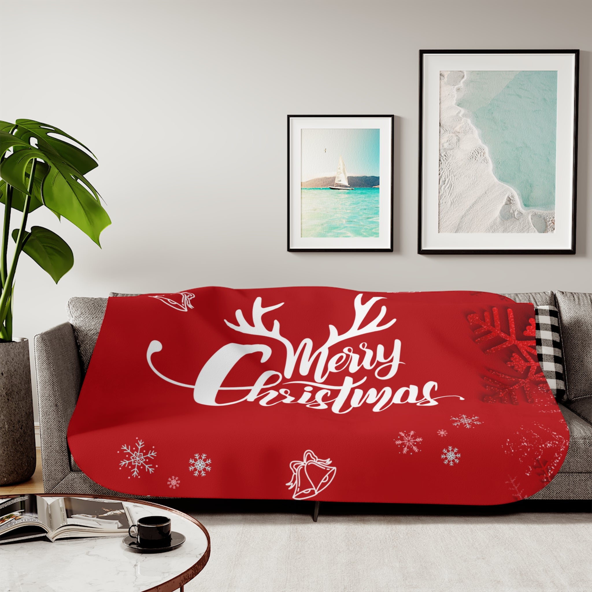 Merry Christmas Printed Sherpa Blanket, Red
