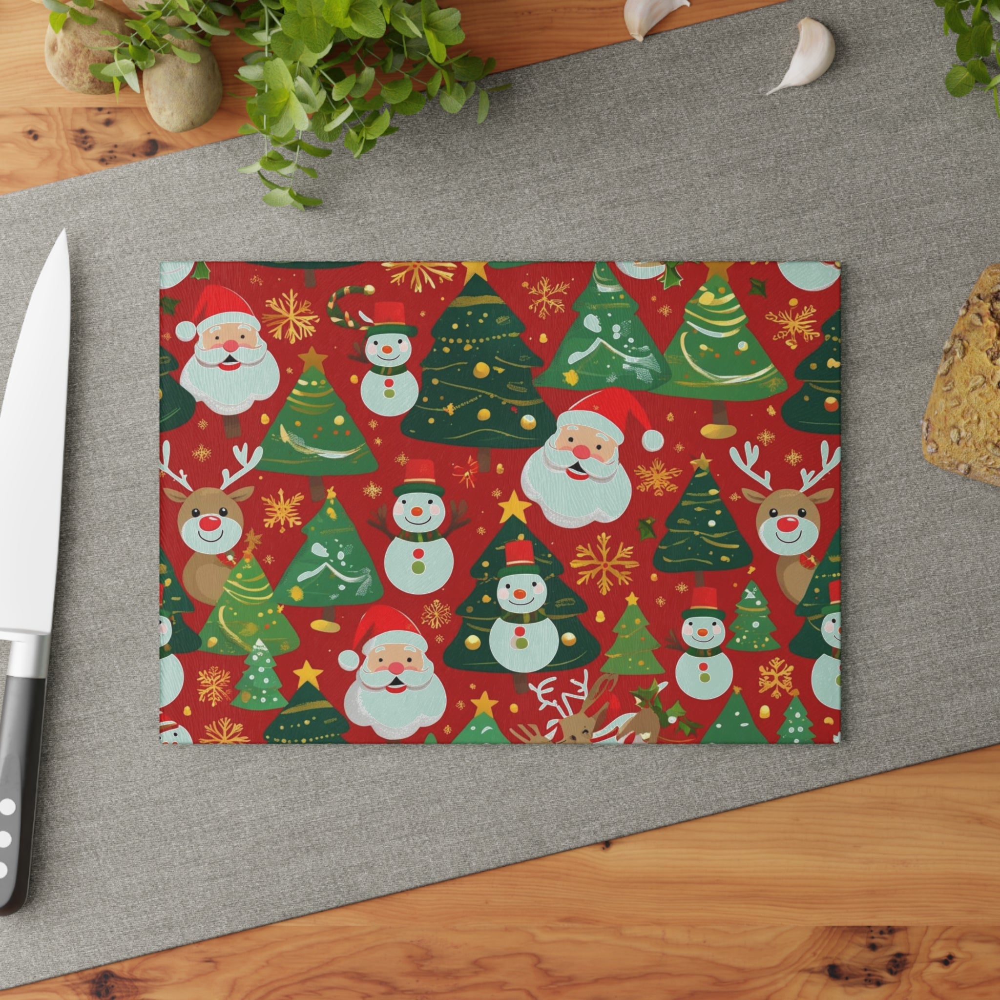 Christmas Cutting Board with Santa, Snowman, and Reindeer Design