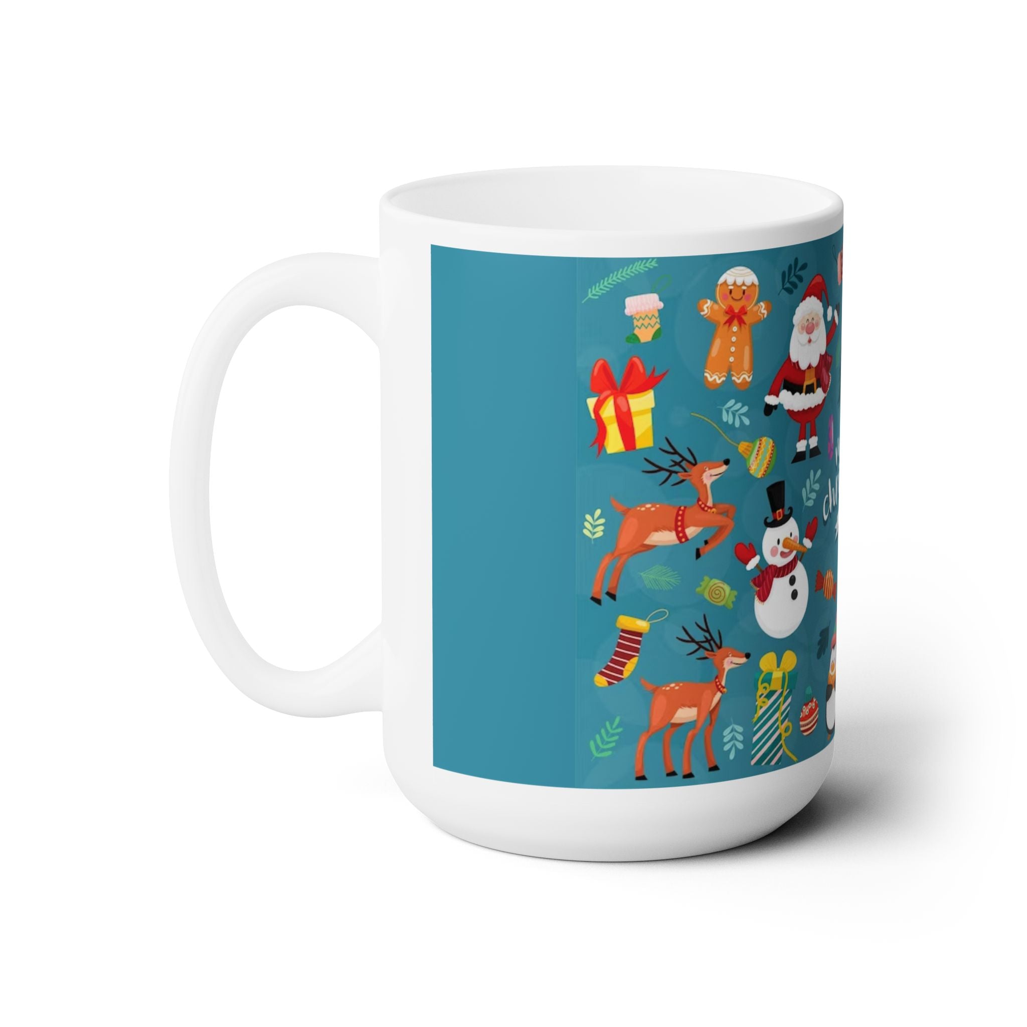 Christmas Ceramic Mug – 15oz White Holiday Coffee Cup with C-Handle