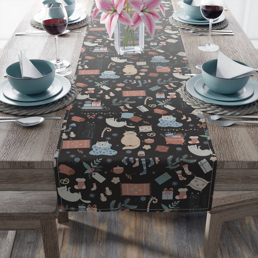 Holiday Table Runner – Festive Animals, Gifts & Foliage on Dark Background