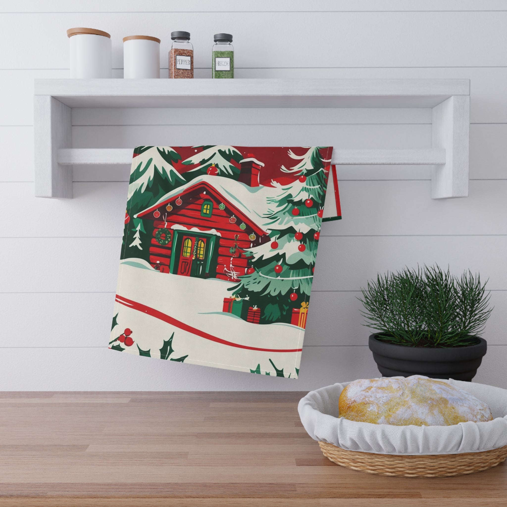 Cozy Christmas Tea Towel with Snowy Cabin and Holiday Decor