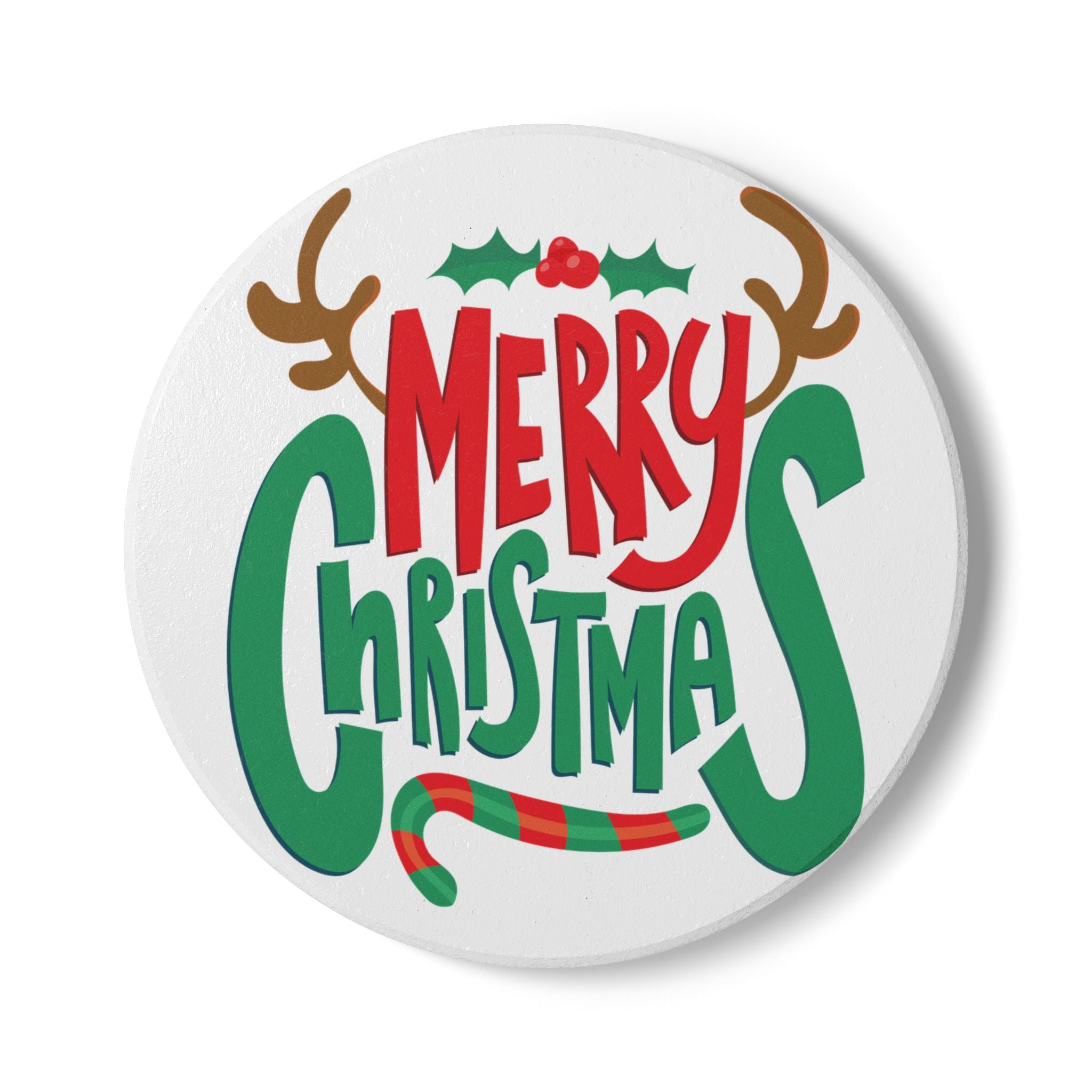 Festive Christmas Ceramic Coaster with Reindeer and Candy Cane Design