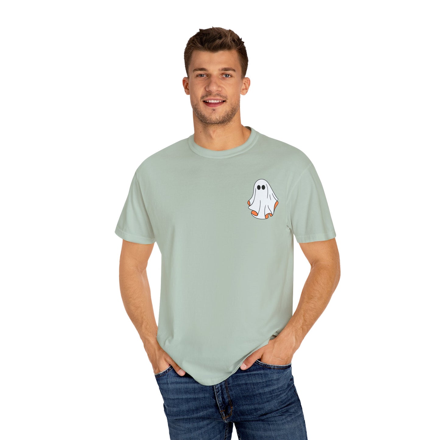 Minimal Ghost Halloween T-Shirt – Cute Pocket Graphic Tee for Spooky Season