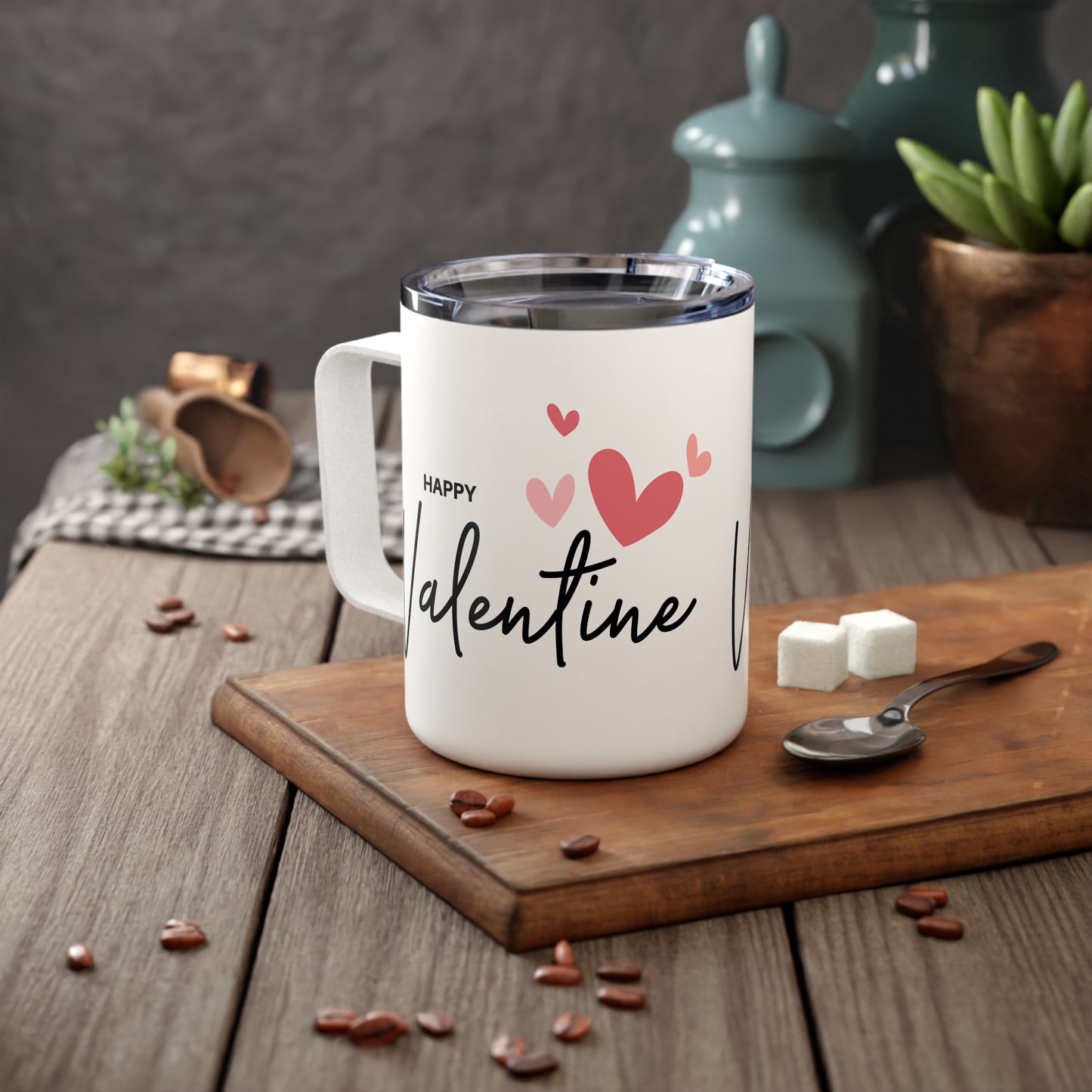 10oz Valentine’s Travel Mug, “Happy Valentine” Heart Design, Stainless Steel Insulated Cup